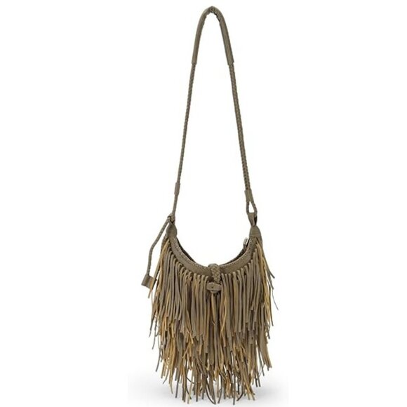 NWoT. Vegan Faux Suede Fringe Hobo Bag. Khaki/Brown. - Picture 1 of 6